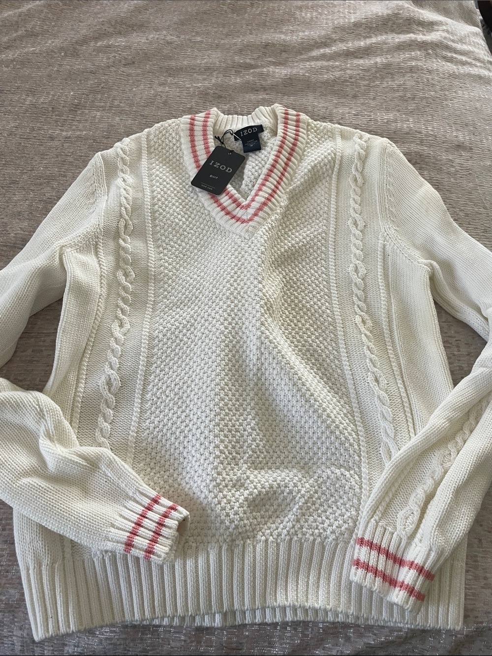 Izod Cream Cable-Knit V-Neck Sweater with Pink Stripe Trim
